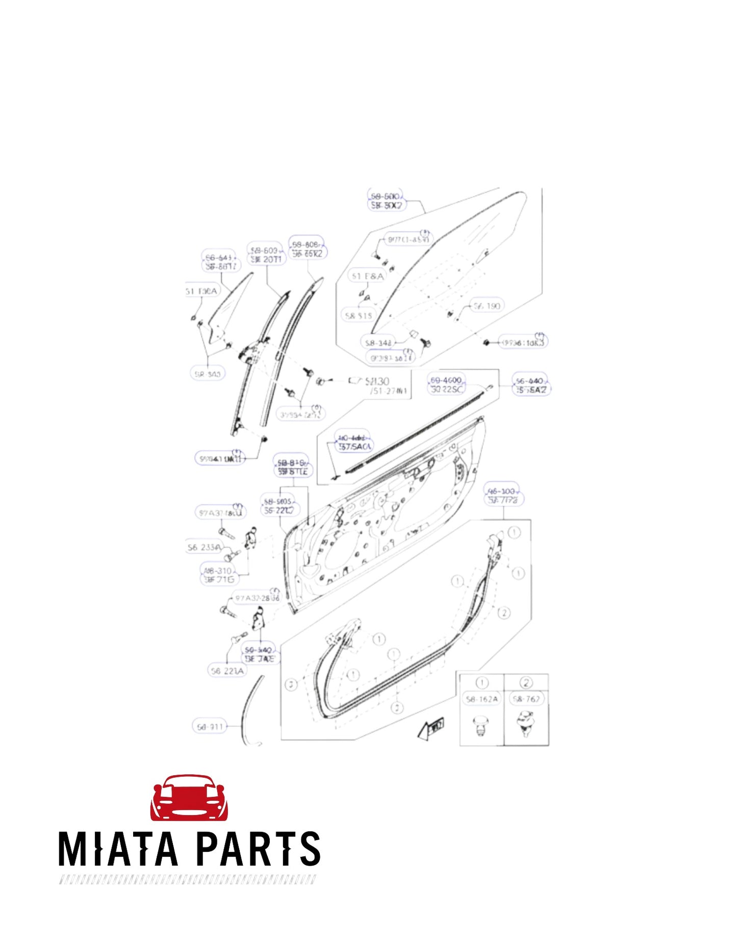 Miata Parts NZ used quarter glass rubber seal diagram for Mazda MX5 NC 2005-2015 door assembly