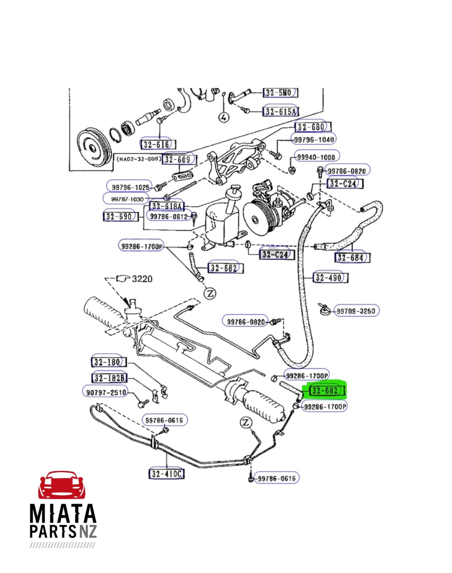 MX5 NA Power Steering Return Hose Lower (New) (Genuine)
