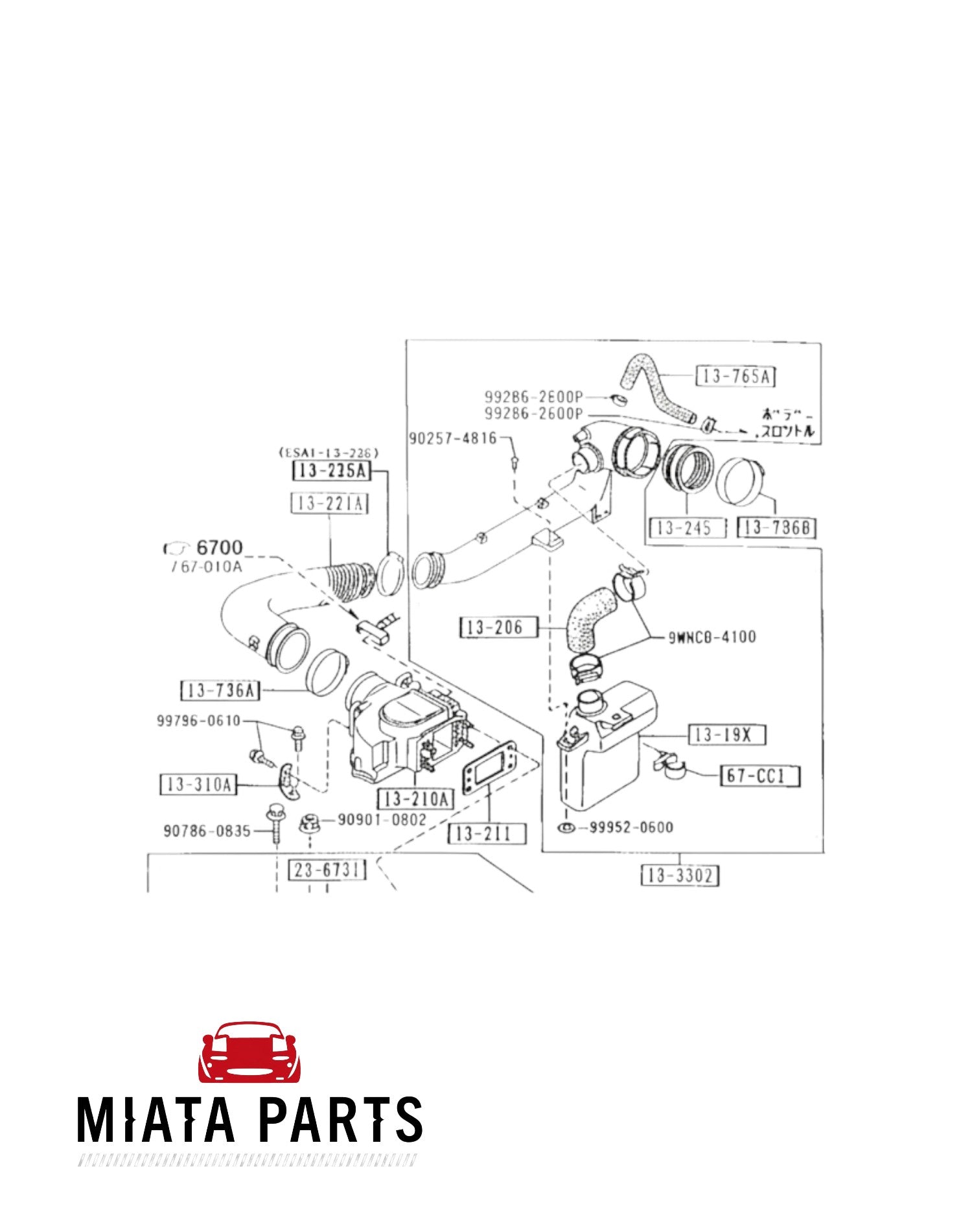 Miata Parts NZ diagram of MX5 NA airflow meter gasket and related components for 1989-1997 models.