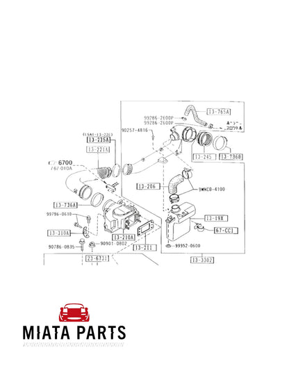 Miata Parts NZ diagram of MX5 NA airflow meter gasket and related components for 1989-1997 models.