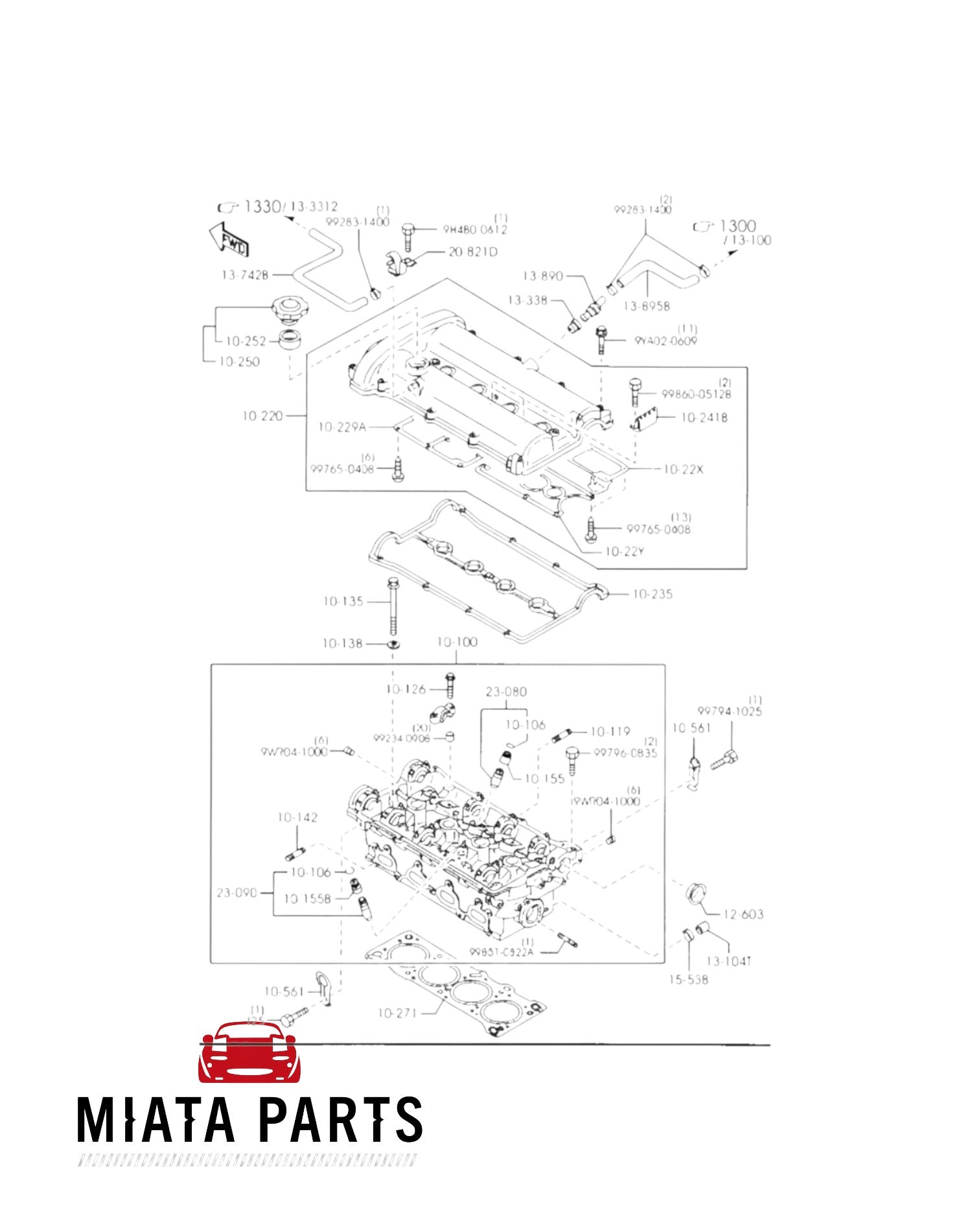 Miata Parts NZ genuine Mazda MX5 NB exhaust end cap technical diagram showing engine assembly parts