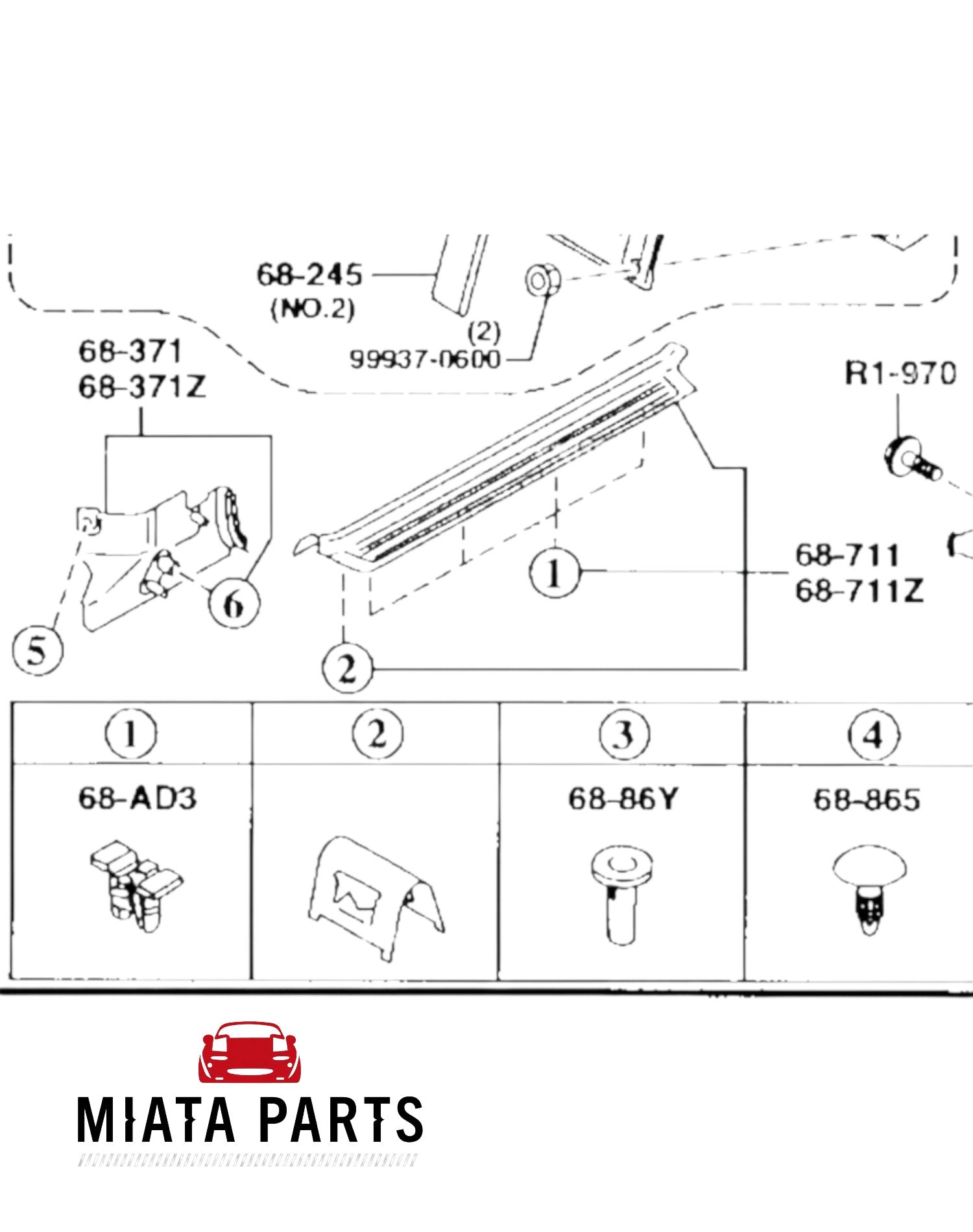 Genuine Mazda MX5 NB sill scuff plate clip #2 from Miata Parts NZ, shown in a technical parts diagram.
