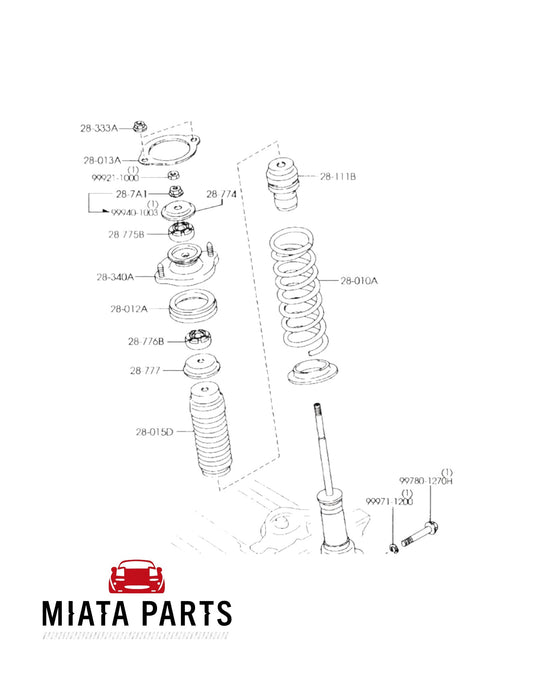 Genuine Mazda MX5 NB front and rear spring seat rubber diagram from Miata Parts NZ for suspension maintenance.