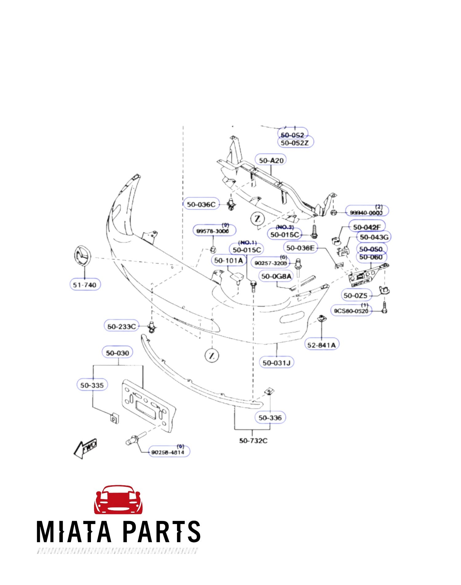 Miata Parts NZ genuine front bumper cover diagram for Mazda MX5 NB 1998-2000, excluding foglight cutouts.