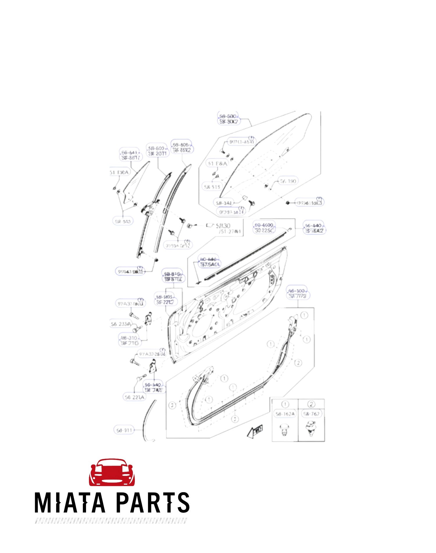 Miata Parts NZ used quarter glass rubber seal diagram for Mazda MX5 NC 2005-2015 door assembly