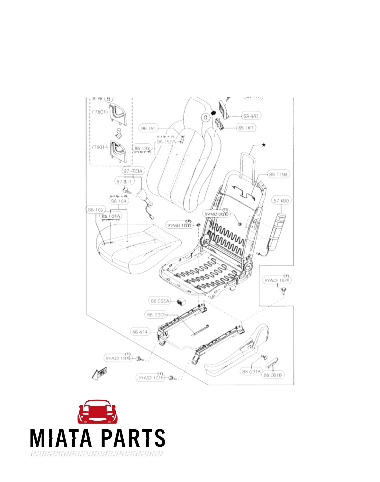 Genuine Mazda MX5 NC seat trim cover parts diagram from Miata Parts NZ showing seat assembly components