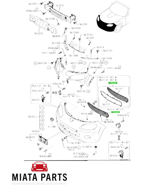 Miata Parts NZ genuine Mazda MX5 NC1 front bumper grille mesh technical diagram for 2005-2008 models