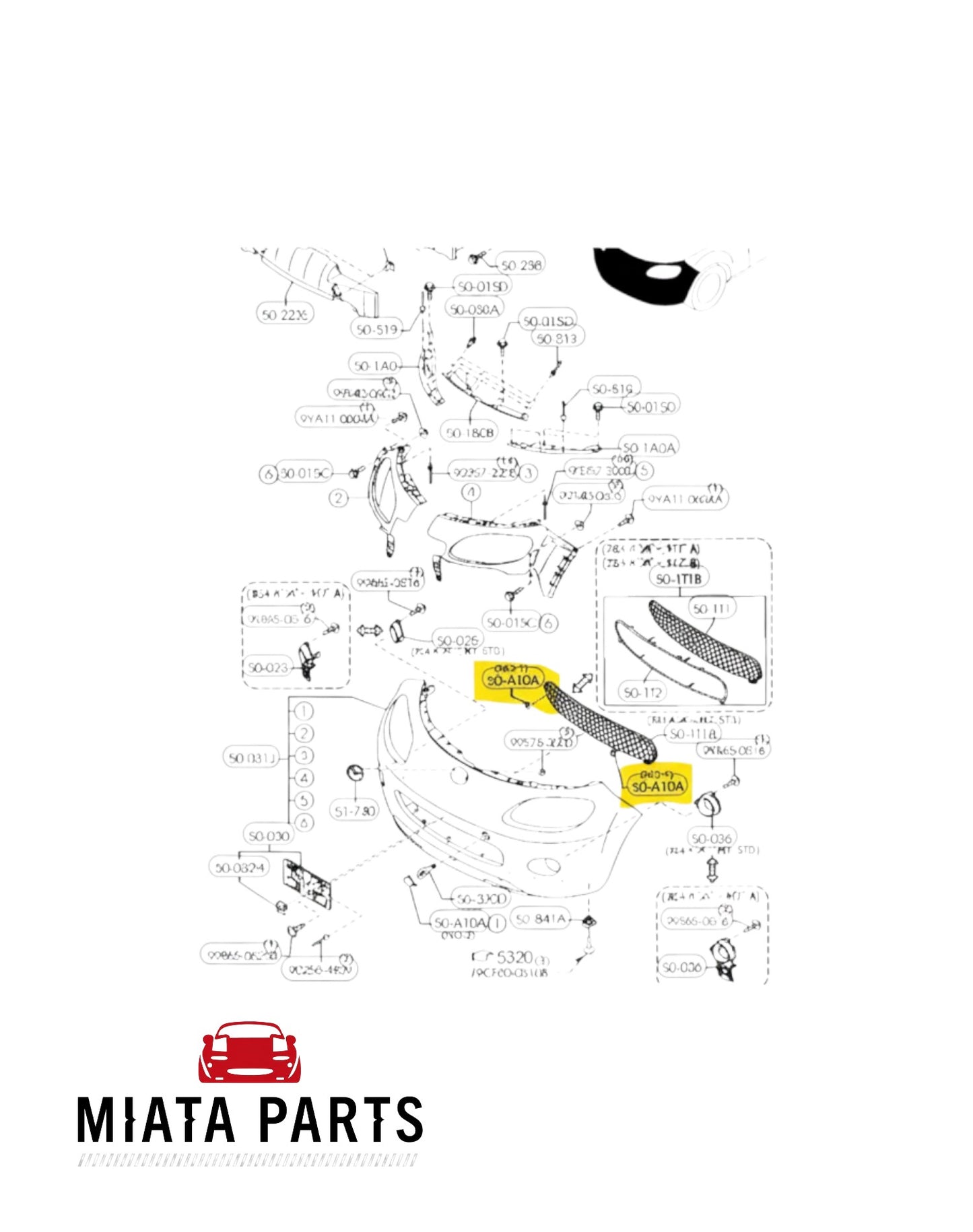 Miata Parts NZ genuine Mazda MX5 NC1 front grille tow hook cover diagram showing part placement for 2005-2008 models.