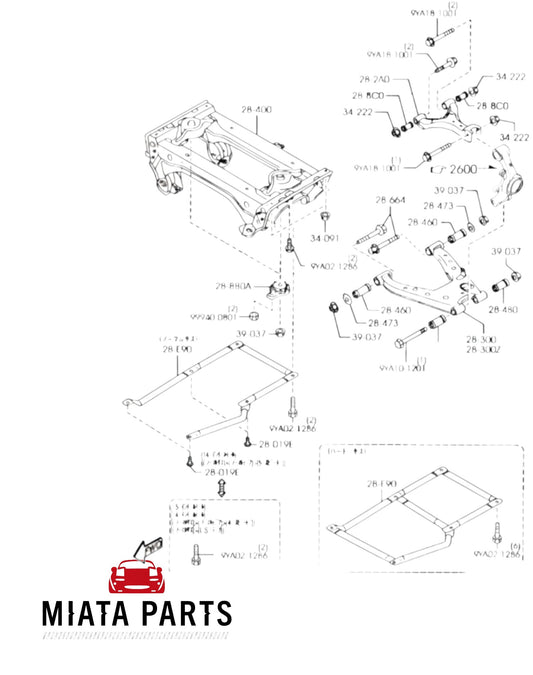 Miata Parts NZ technical diagram showing Mazda MX5 NA NB lower rear suspension arm bushing assembly components