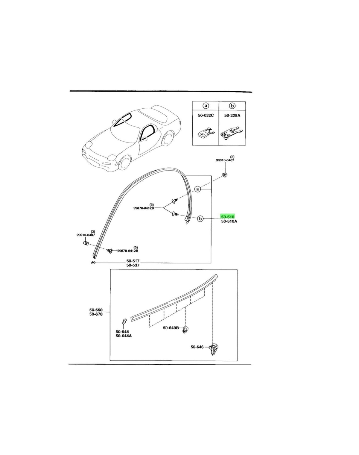 Rotary Parts NZ genuine Mazda RX7 FD front door drip moulding diagram showing installation parts and clips