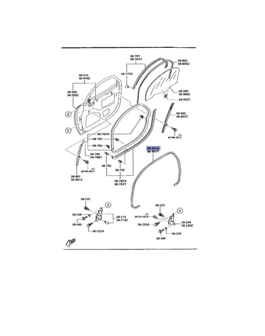 Rotary Parts NZ genuine Mazda RX7 FD body door seal technical diagram showing installation placement