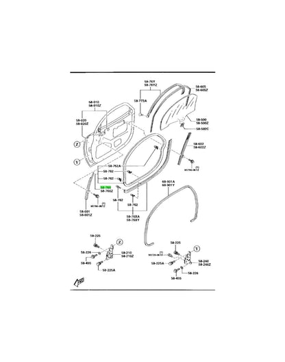 Rotary Parts NZ genuine Mazda RX7 FD front door seal diagram showing installation placement on the door frame