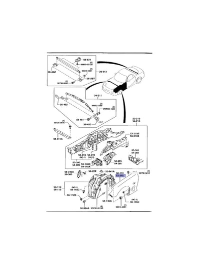 Rotary Parts NZ genuine Mazda RX7 FD front guard technical diagram showing assembly parts and mounting points